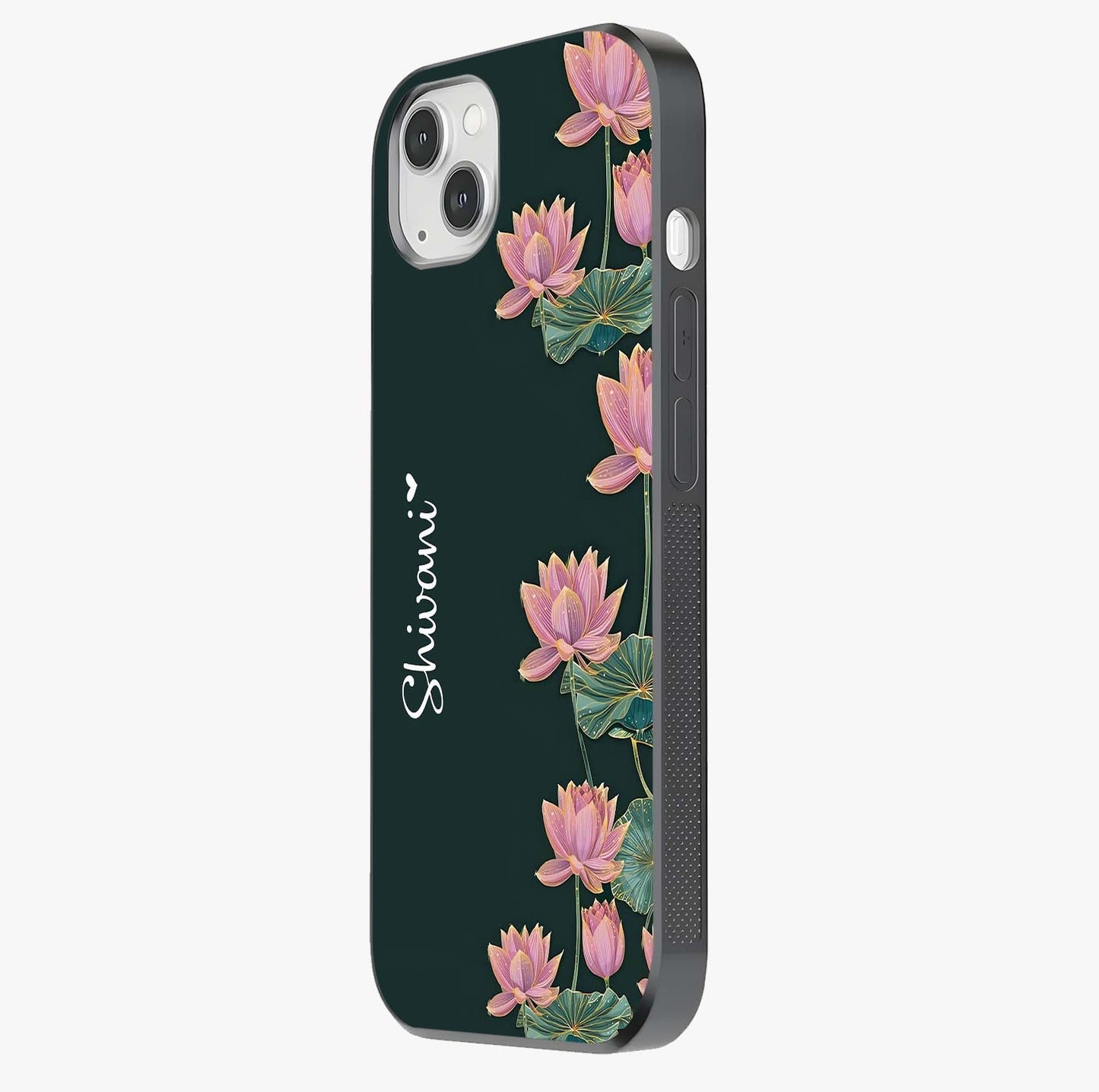 Lotus Bloom Serenity Custom Name Glass Case photographed in natural light showing reflective finish and design depth.