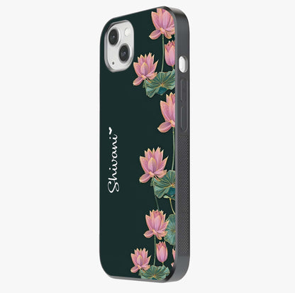 Lotus Bloom Serenity Custom Name Glass Case photographed in natural light showing reflective finish and design depth.