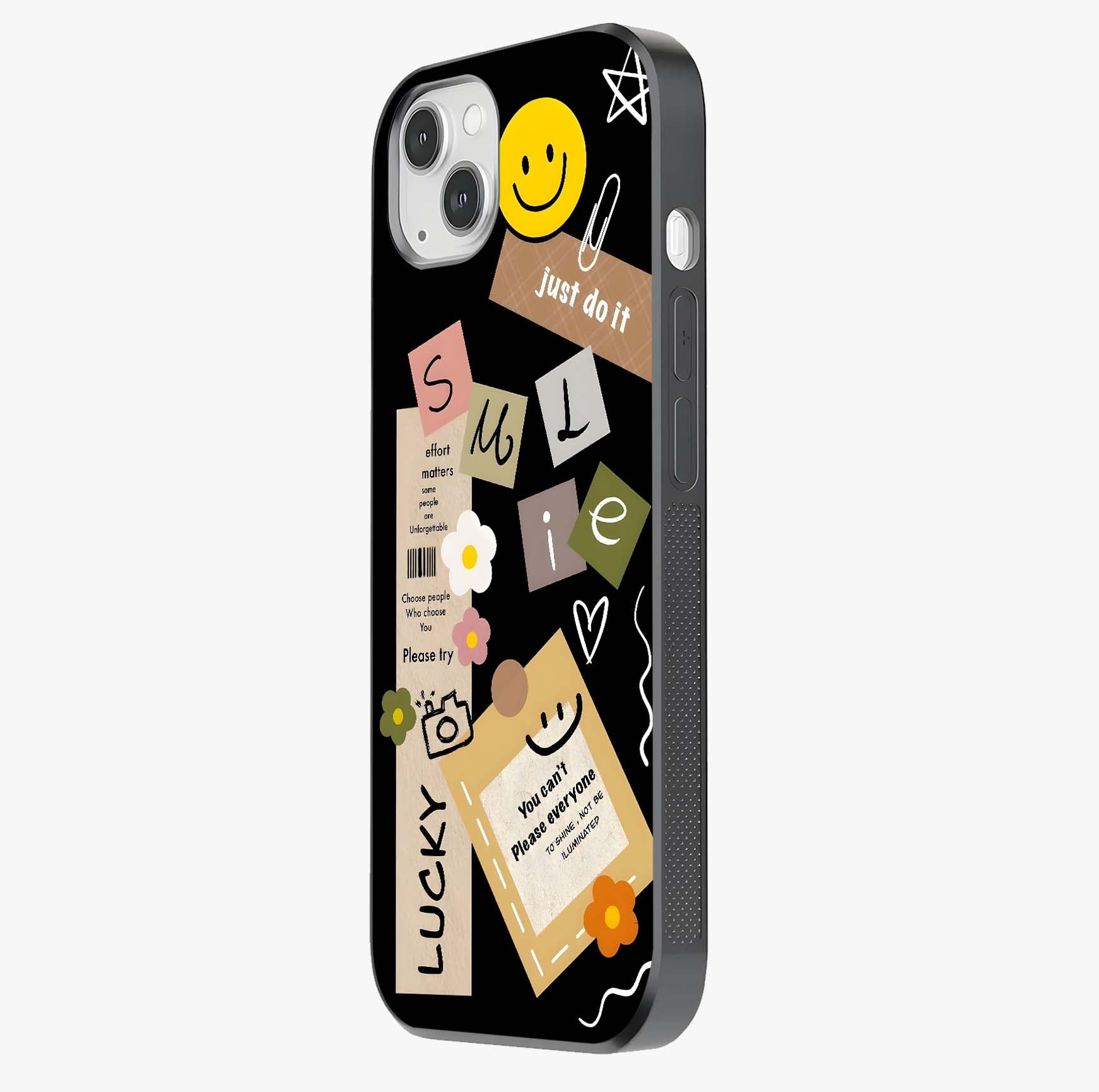 Lucky Aesthetic Collage Glass Case photographed in natural light showing reflective finish and design depth.