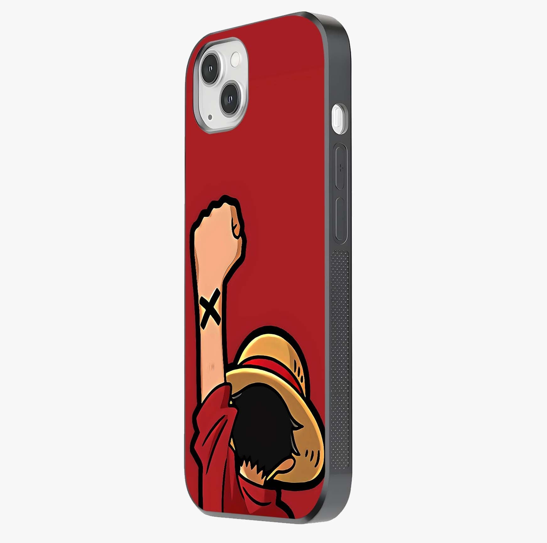 Luffy X Spirit Glass Case photographed in natural light showing reflective finish and design depth.