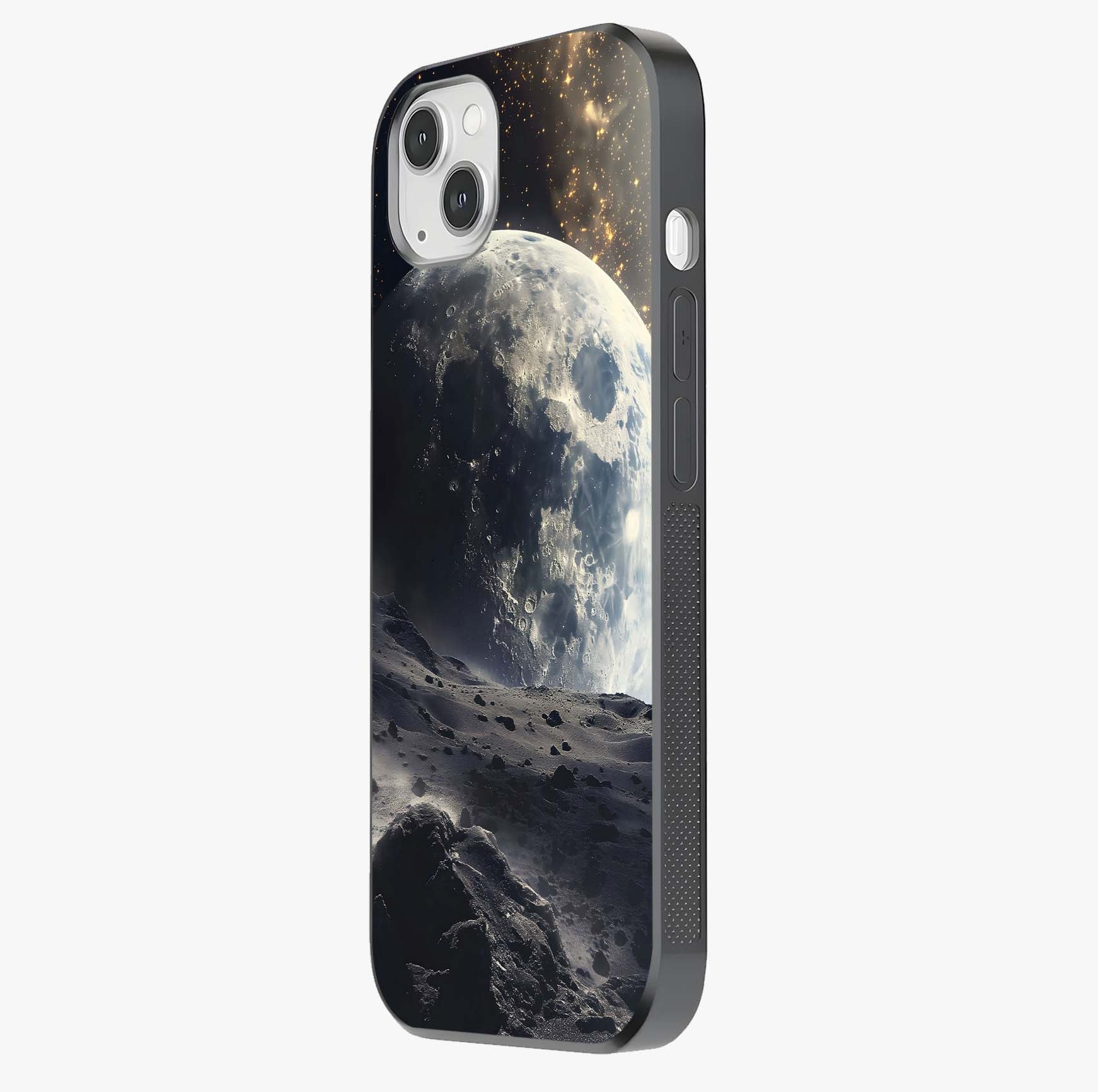 Lunar Horizon Glow Glass Case photographed in natural light showing reflective finish and design depth.