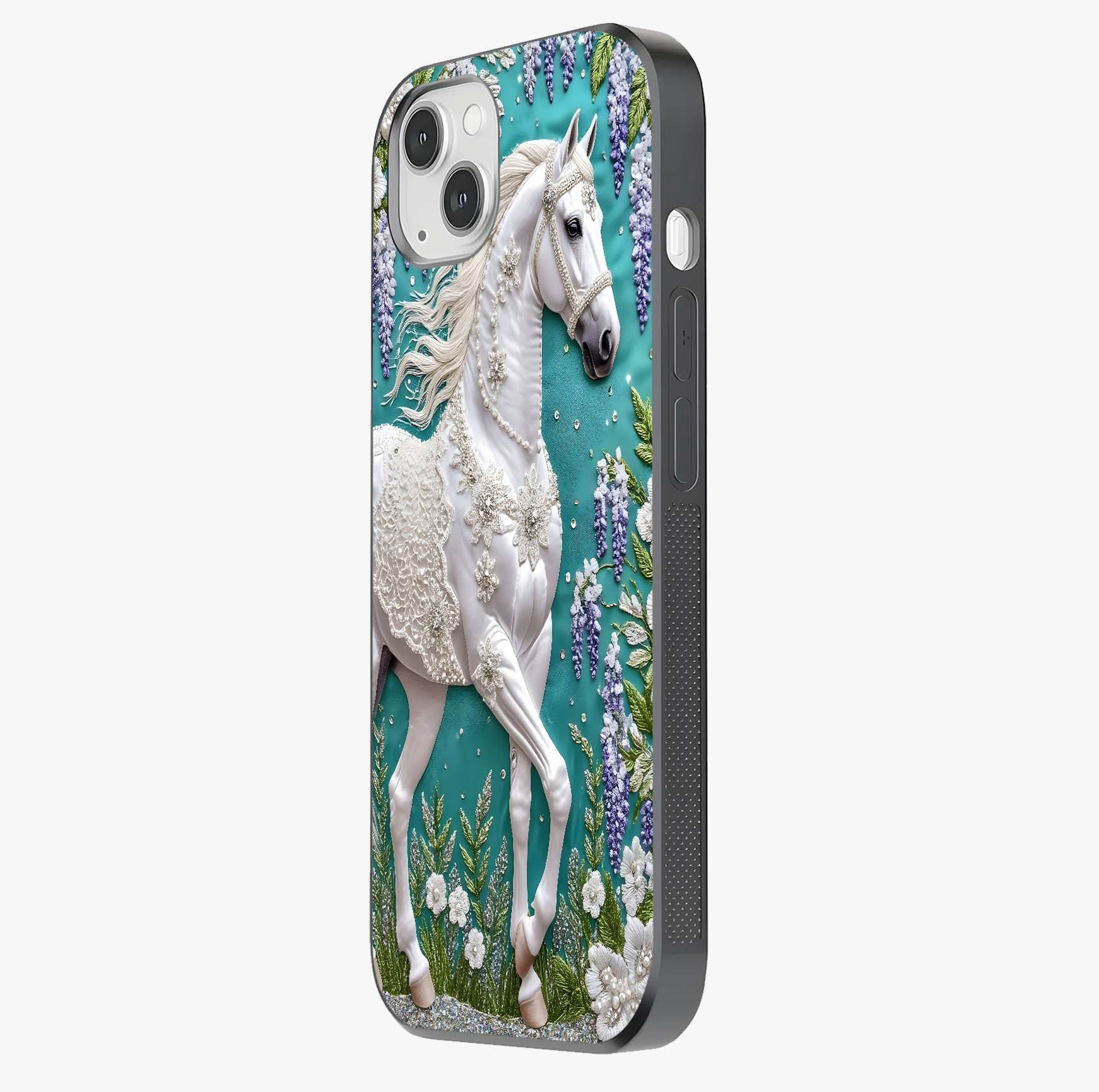 Majestic Floral Stallion Glass Case photographed in natural light showing reflective finish and design depth.