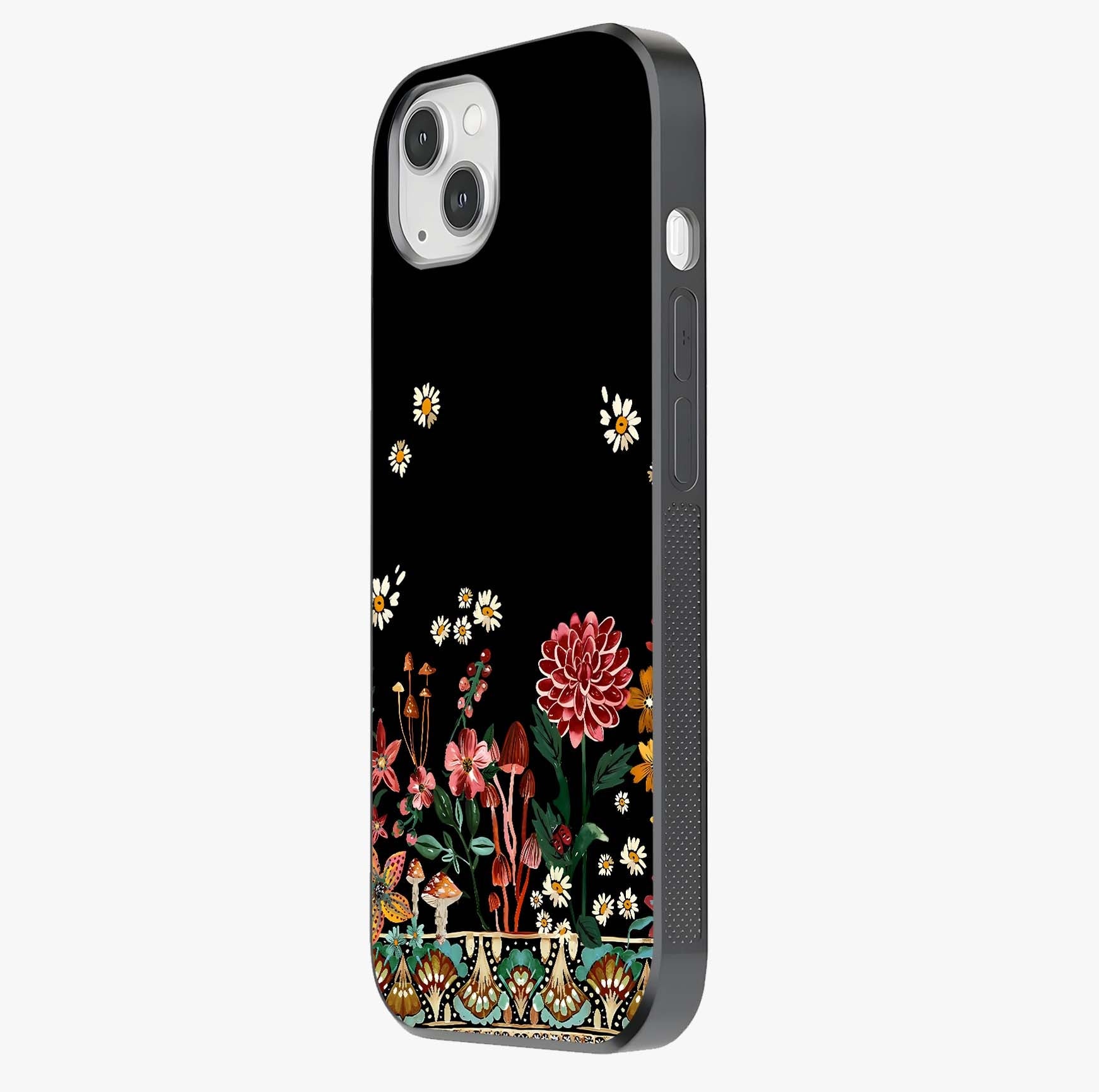 Midnight Bloom Pattern Glass Case photographed in natural light showing reflective finish and design depth.