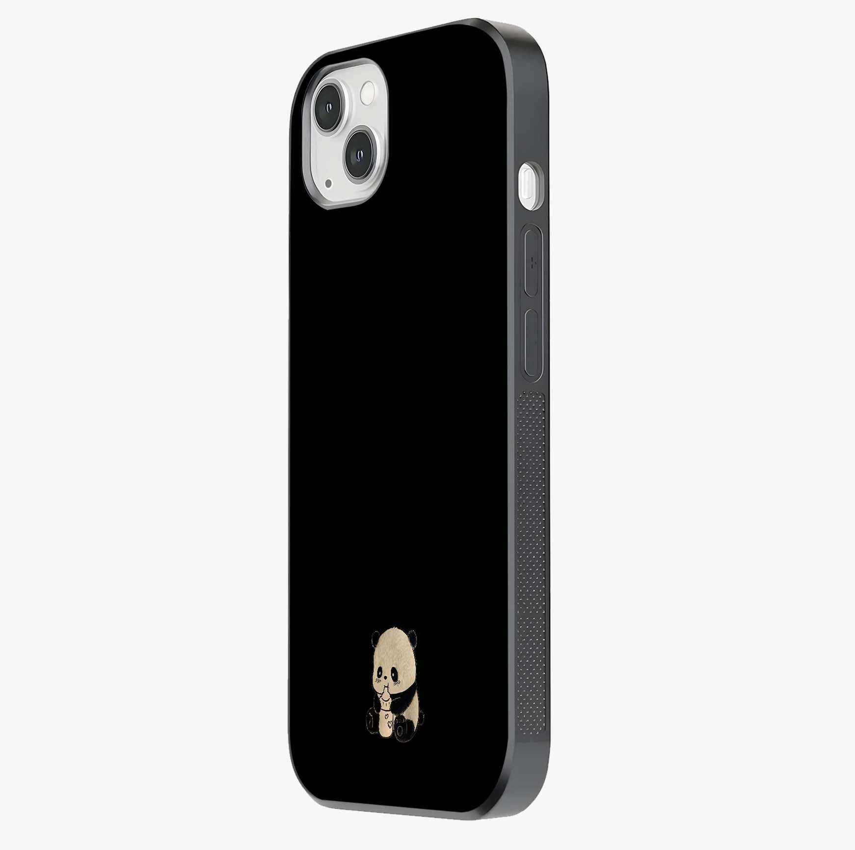 Midnight Panda Love Glass Case photographed in natural light showing reflective finish and design depth.
