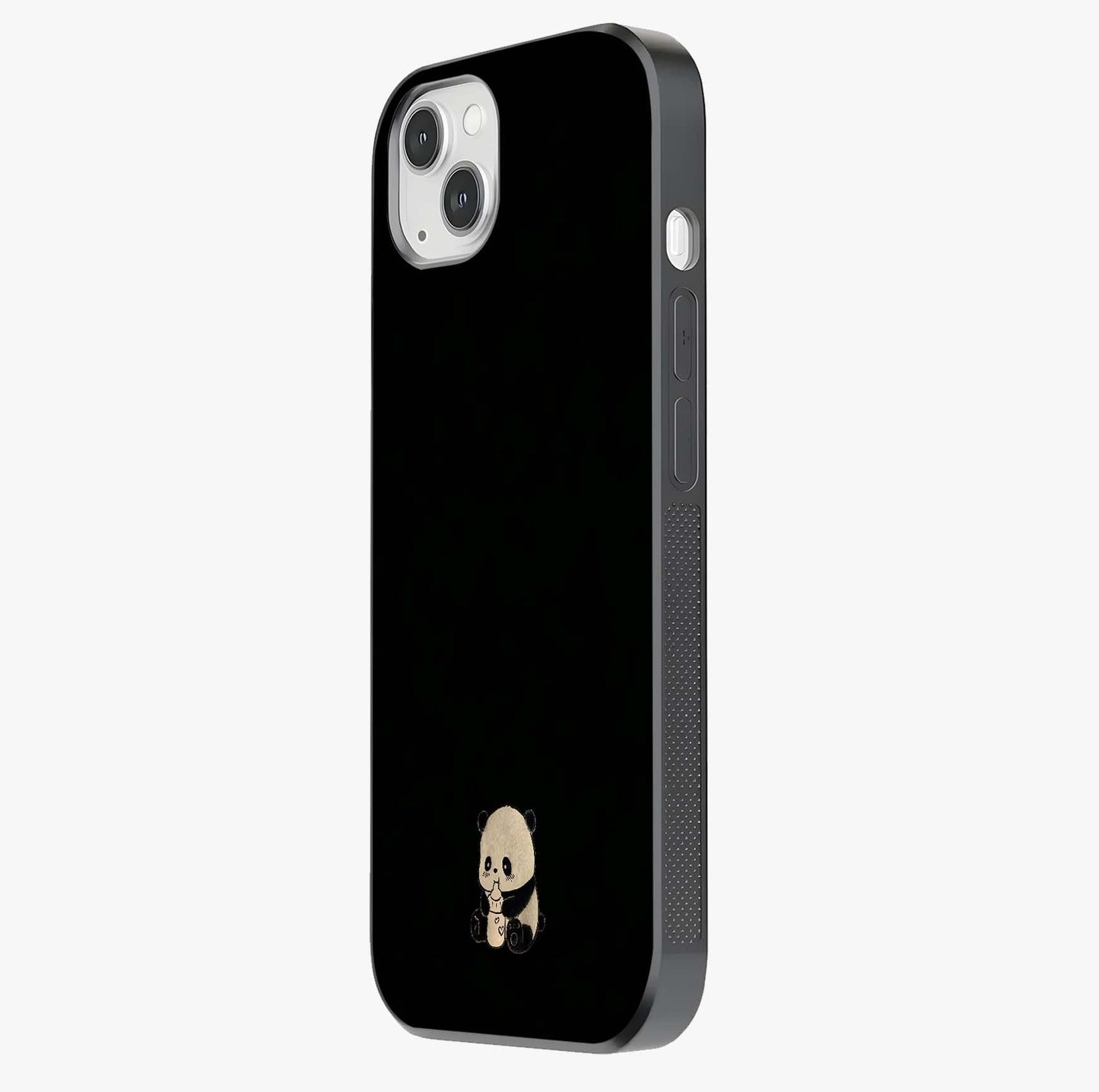 Midnight Panda Love Glass Case photographed in natural light showing reflective finish and design depth.