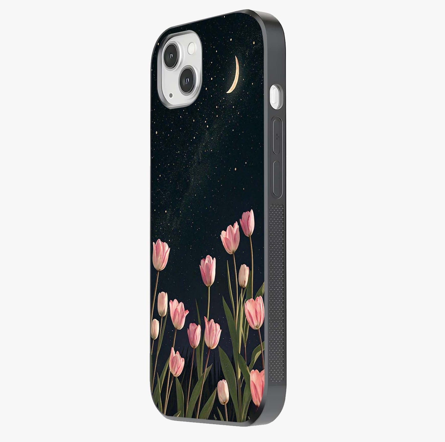 Midnight Tulip Whispers Vibe Glass Case photographed in natural light showing reflective finish and design depth.