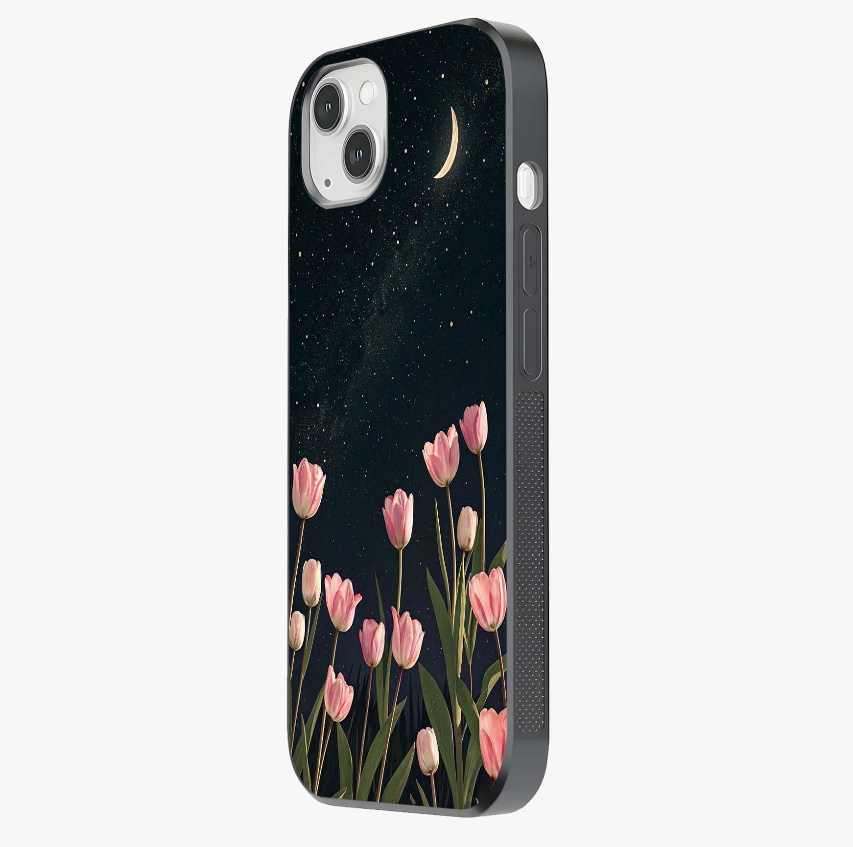 Midnight Tulip Whispers Vibe Glass Case photographed in natural light showing reflective finish and design depth.