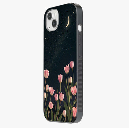 Midnight Tulip Whispers Vibe Glass Case photographed in natural light showing reflective finish and design depth.