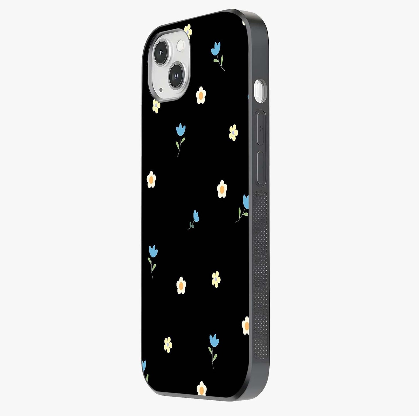 Minimalistic Blue With White Flower Pattern Glass Case photographed in natural light showing reflective finish and design depth.