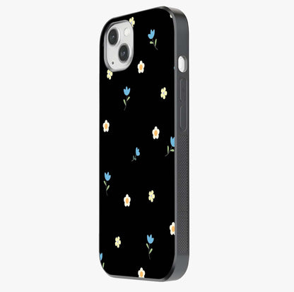 Minimalistic Blue With White Flower Pattern Glass Case photographed in natural light showing reflective finish and design depth.