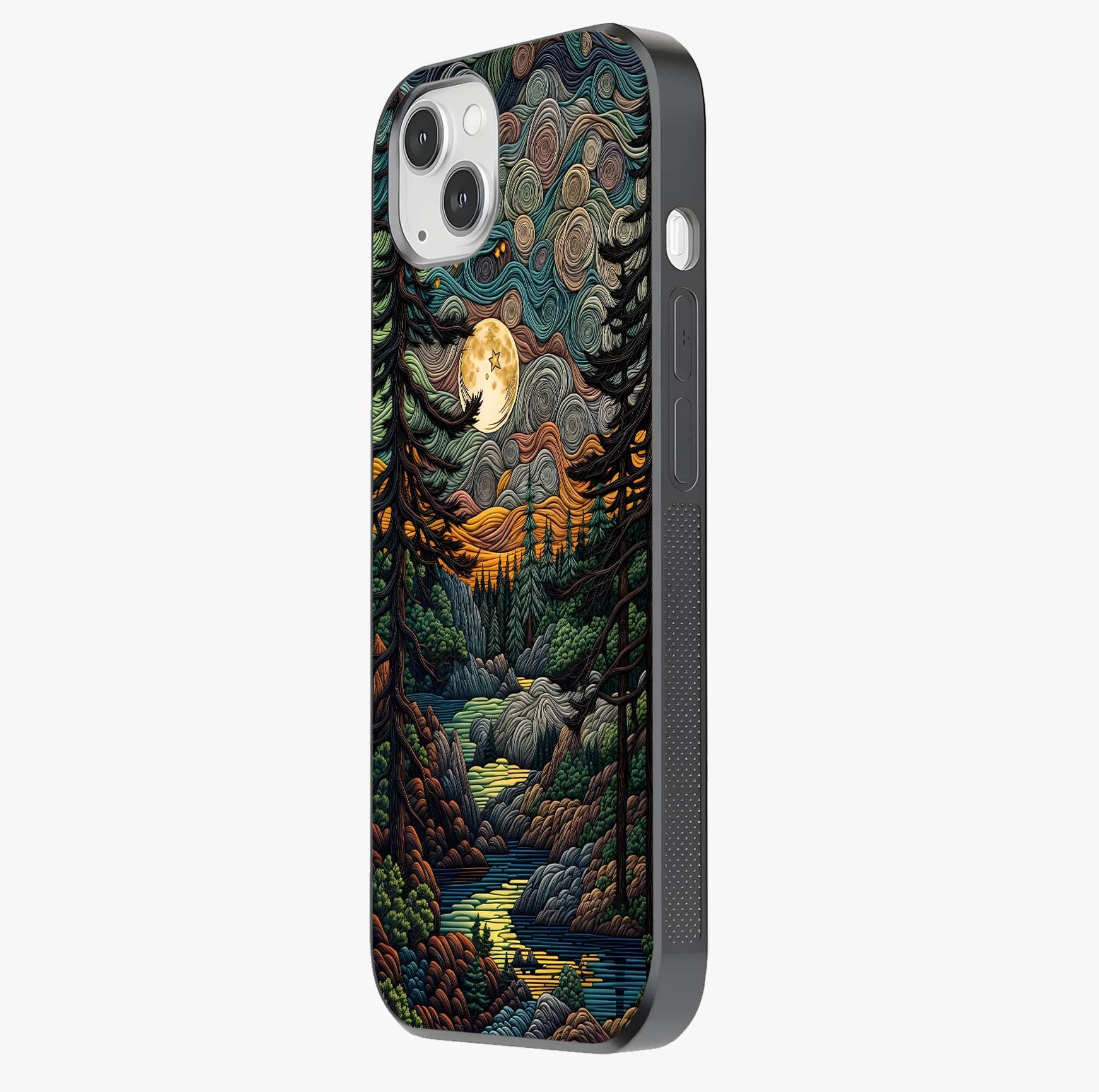 Moonlight Forest Dream Glass Case photographed in natural light showing reflective finish and design depth.