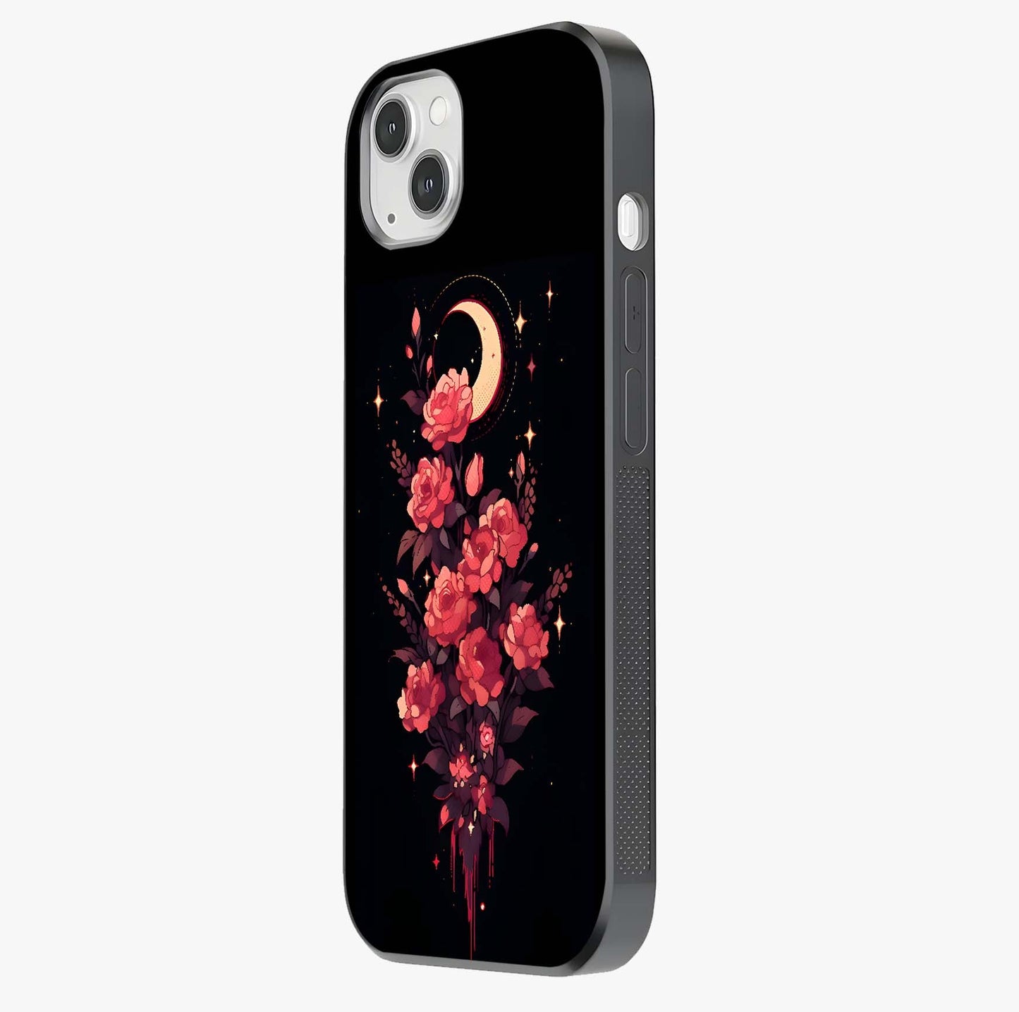 Moonlit Floral Elegance Glass Case photographed in natural light showing reflective finish and design depth.
