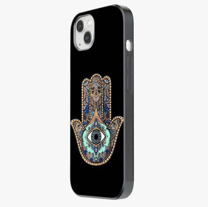 Mystic Hamsa Eye Glass Case photographed in natural light showing reflective finish and design depth.