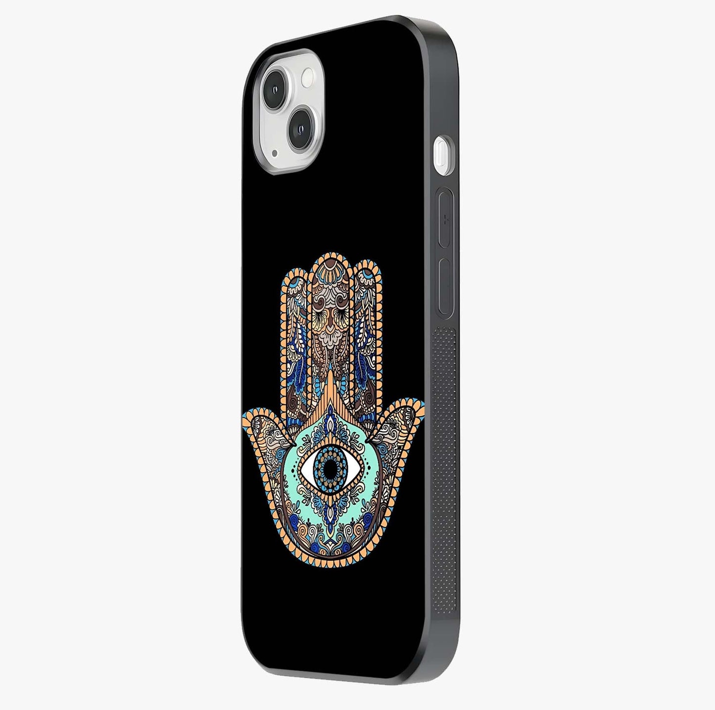 Mystic Hamsa Eye Glass Case photographed in natural light showing reflective finish and design depth.