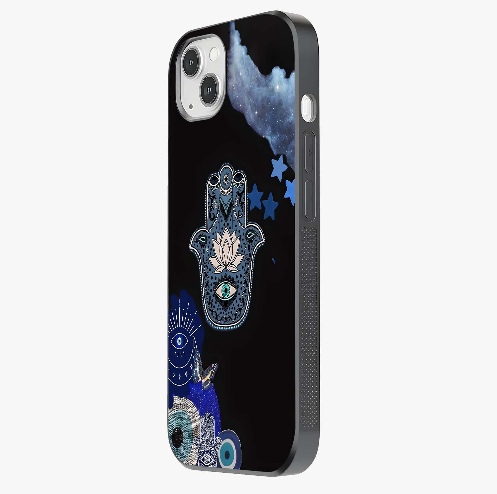 Mystic Hand Aura Glass Case photographed in natural light showing reflective finish and design depth.