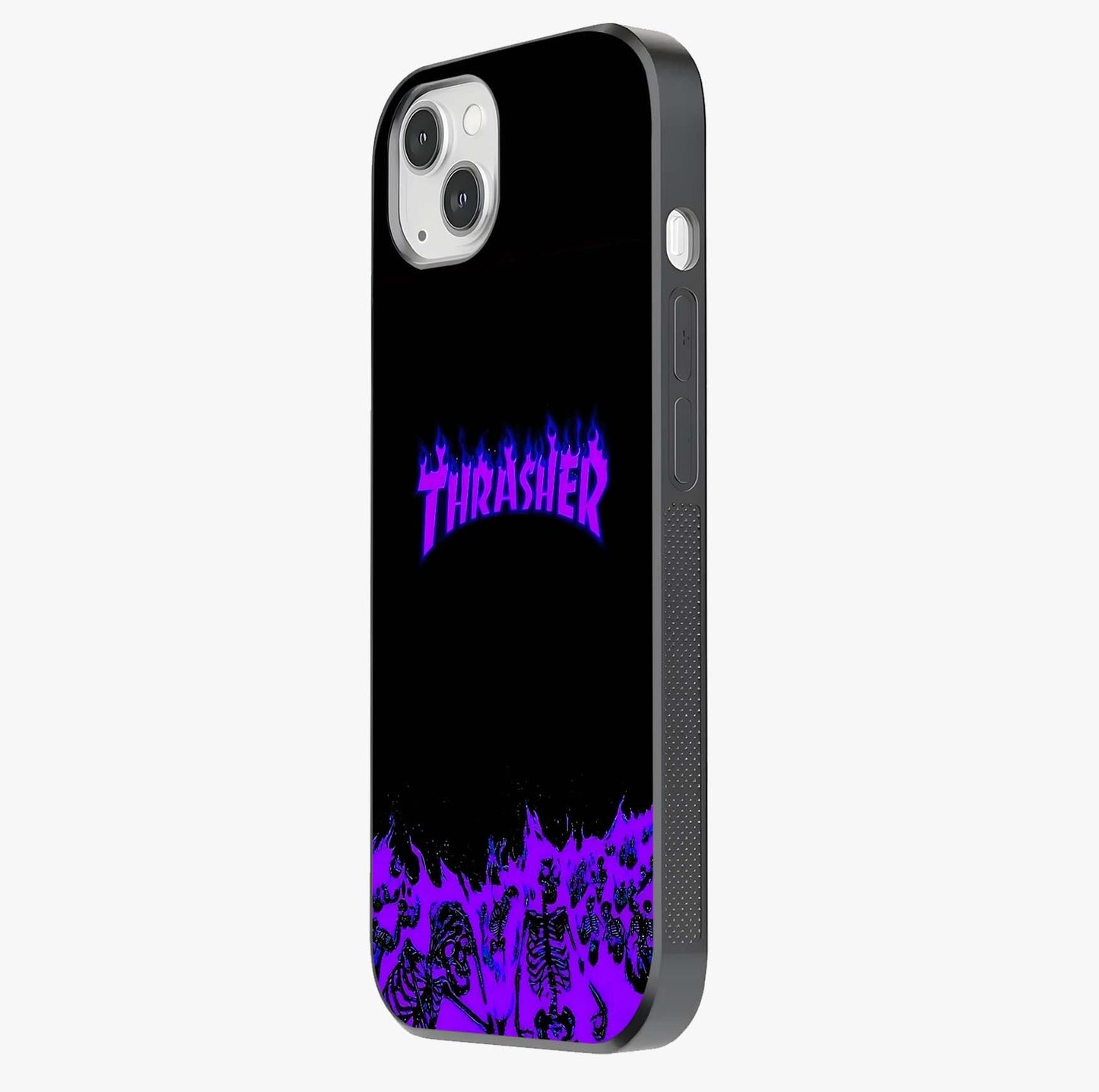 Neon Flame Riot Glass Case photographed in natural light showing reflective finish and design depth.
