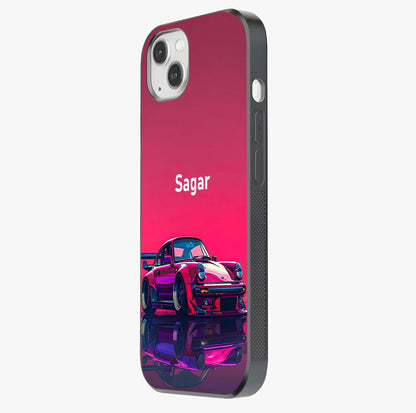 Neon Pink Porsche Glass Case photographed in natural light showing reflective finish and design depth.