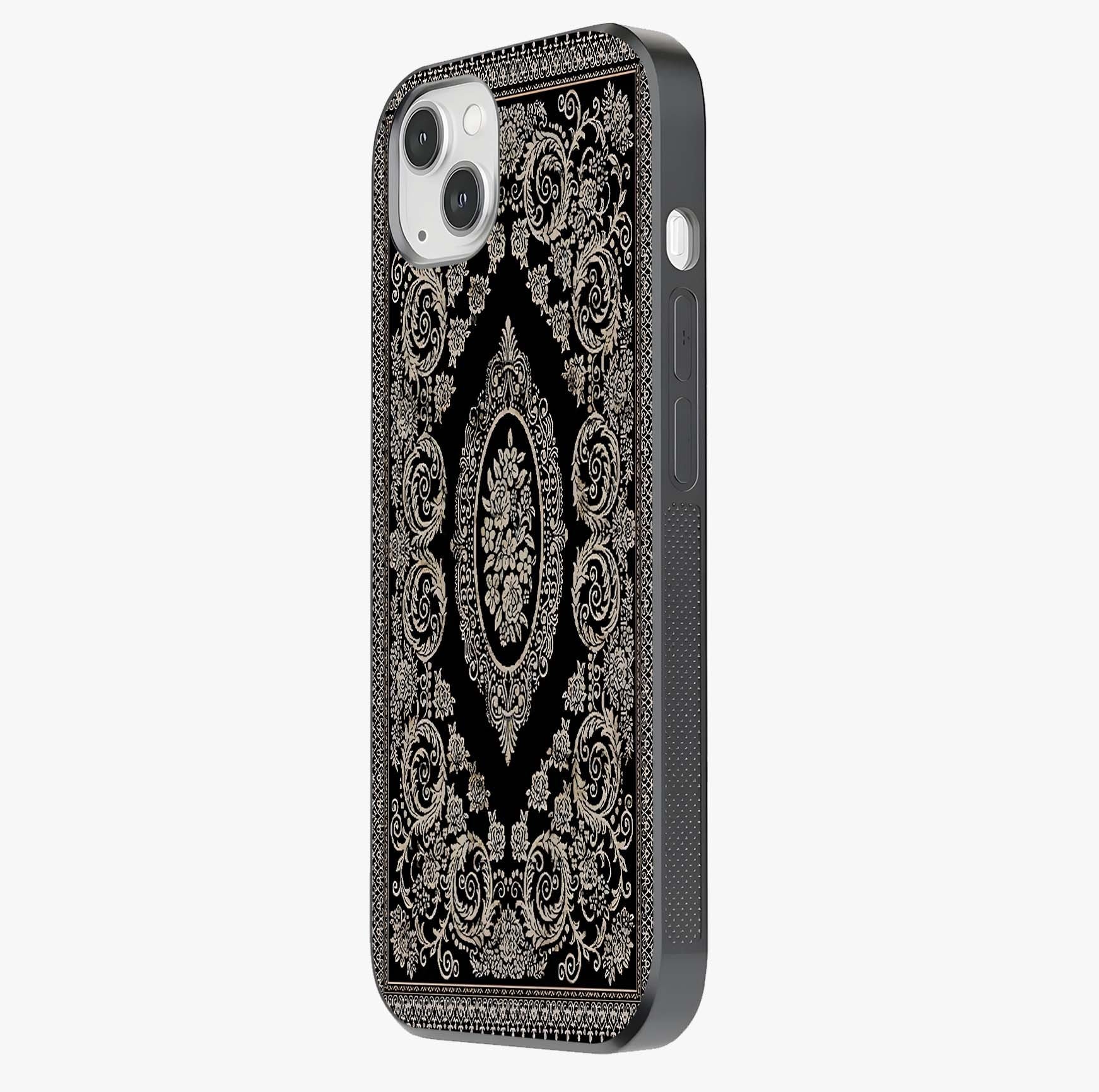 Noir Bloom Elegance Glass Case photographed in natural light showing reflective finish and design depth.