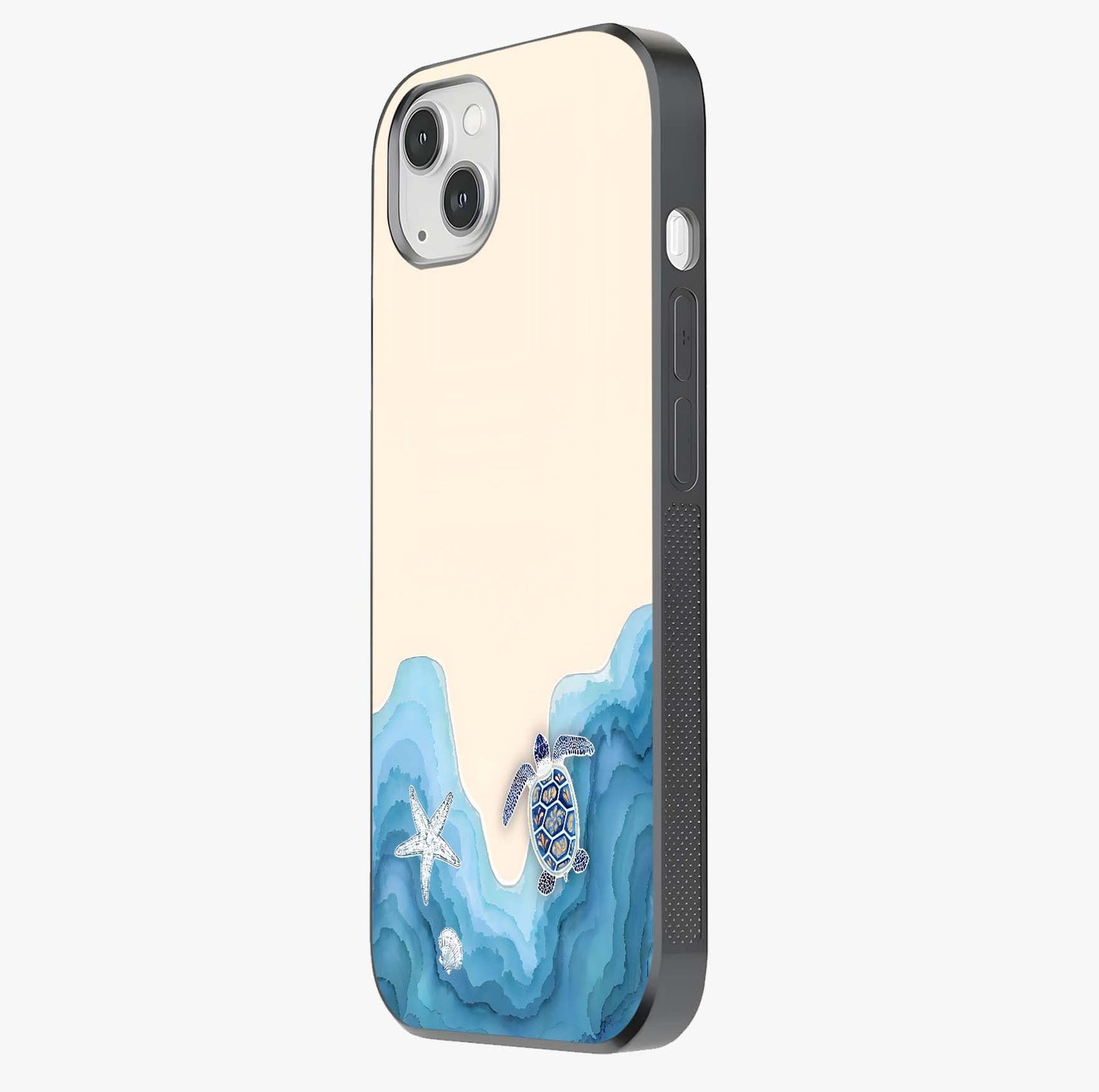 Ocean Drift Turtle Glass Case photographed in natural light showing reflective finish and design depth.