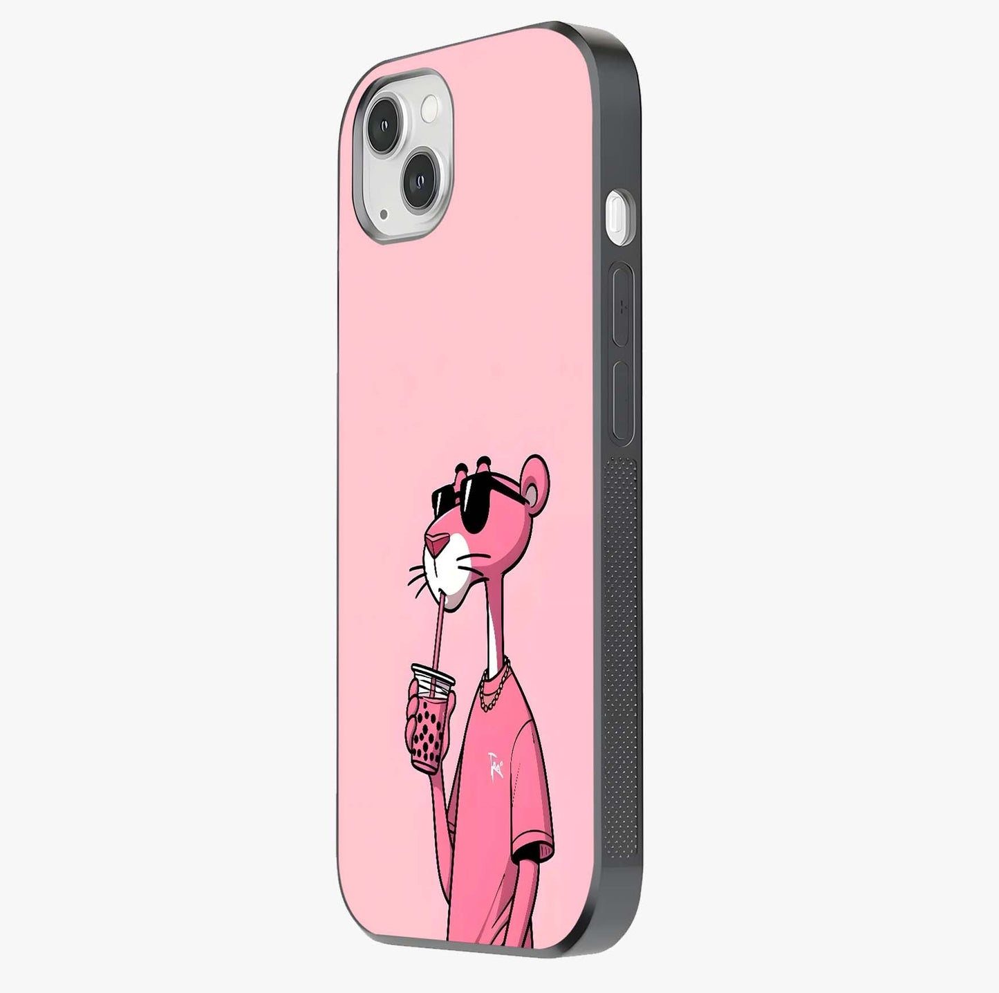 Pink Panther Glass Case photographed in natural light showing reflective finish and design depth.