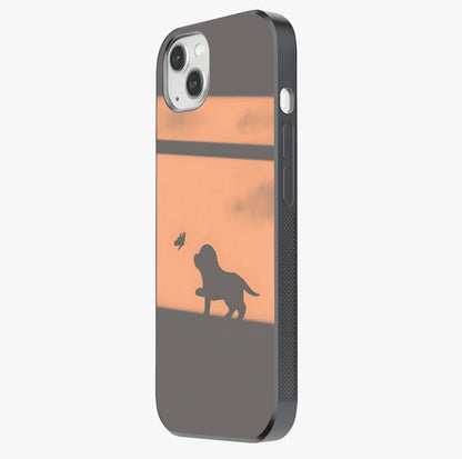 Puppy Shadow Art Glass Case photographed in natural light showing reflective finish and design depth.