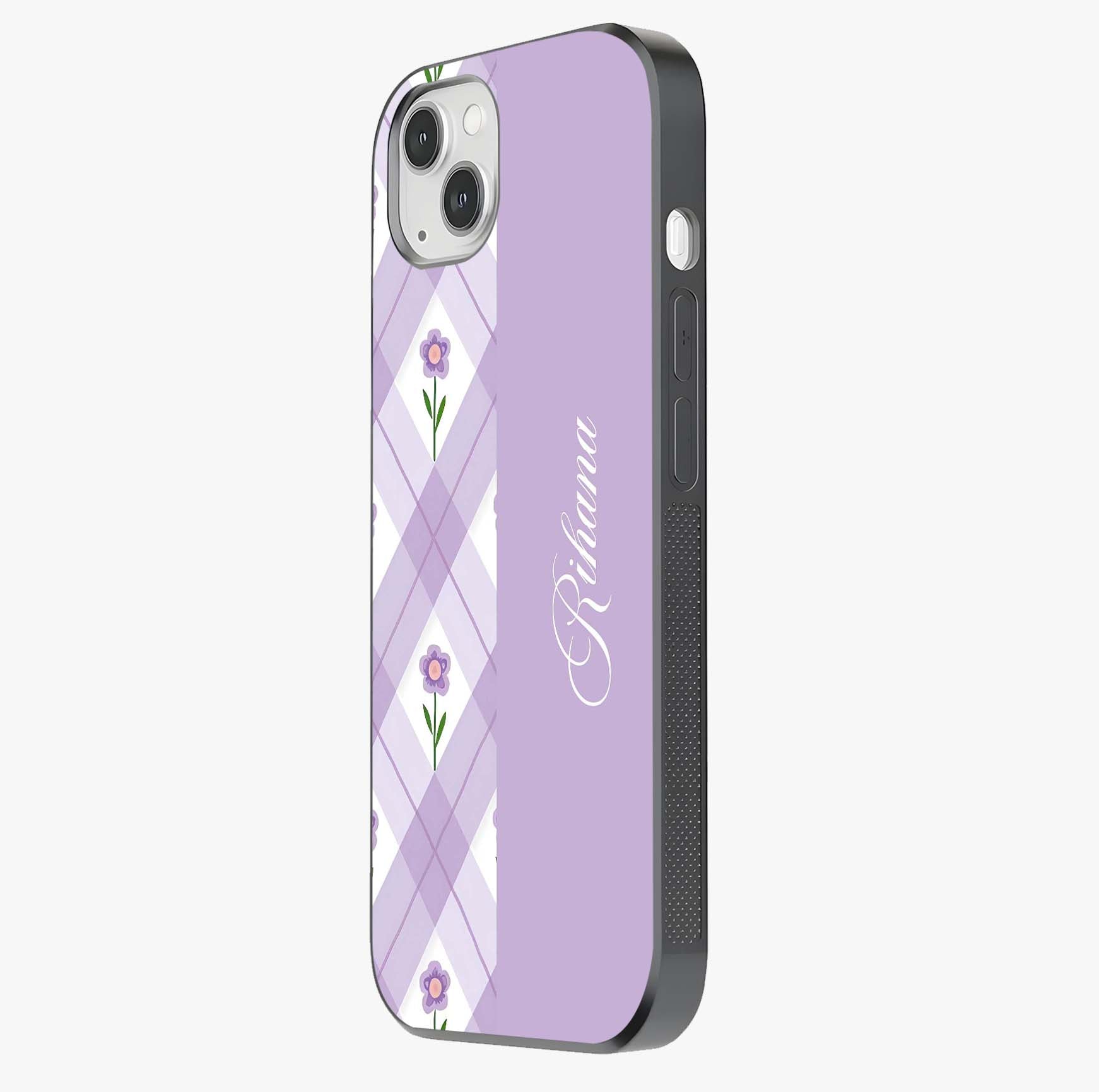 Purple Diamond Floral Glass Case photographed in natural light showing reflective finish and design depth.