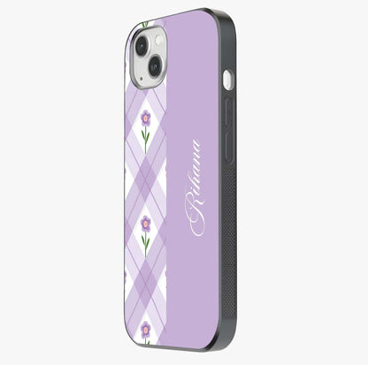 Purple Diamond Floral Glass Case photographed in natural light showing reflective finish and design depth.