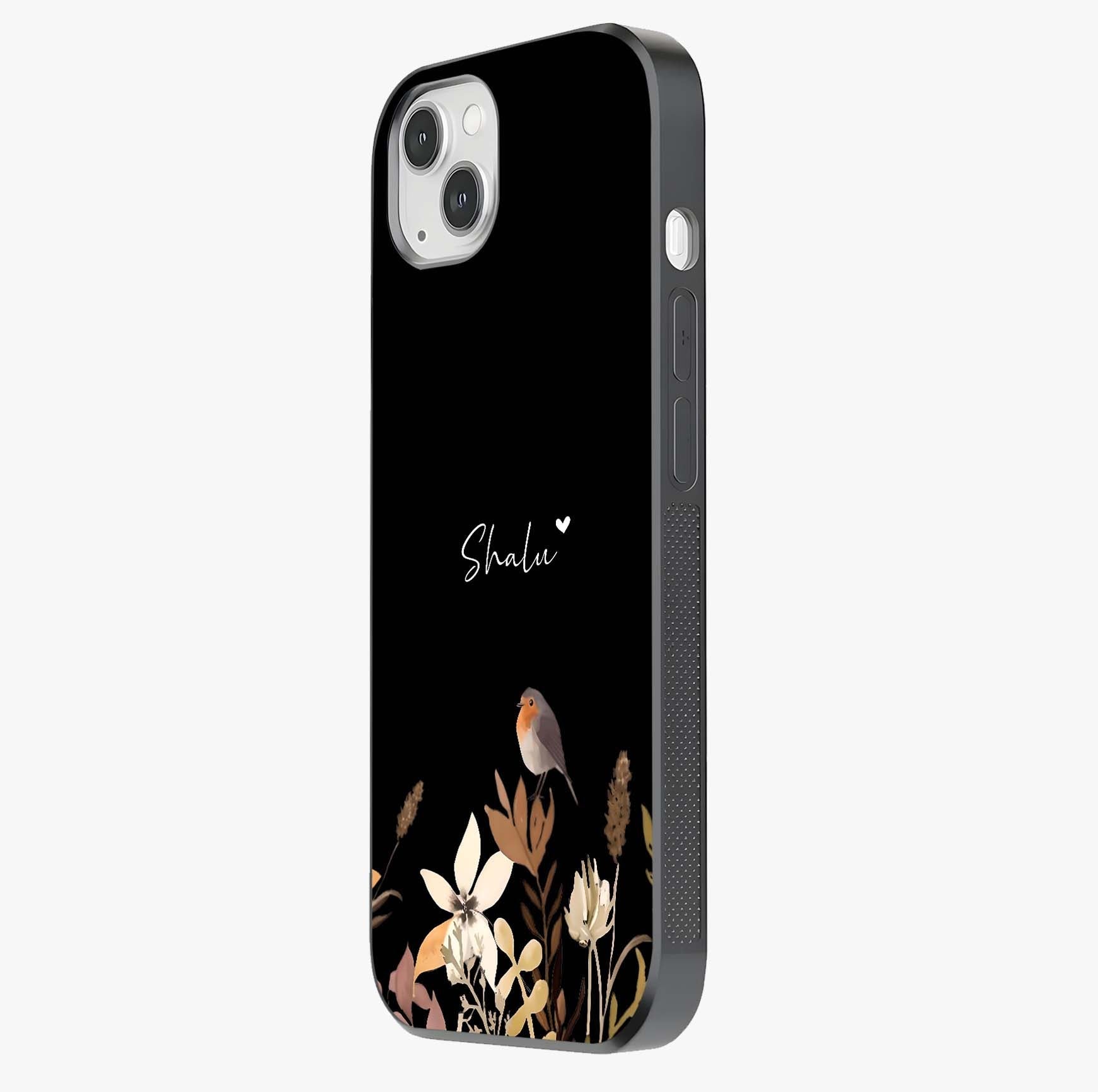 Quiet Garden Tune Custom Name Glass Case photographed in natural light showing reflective finish and design depth.