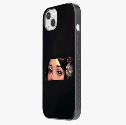 Radha Divine Embrace Glass Case photographed in natural light showing reflective finish and design depth.
