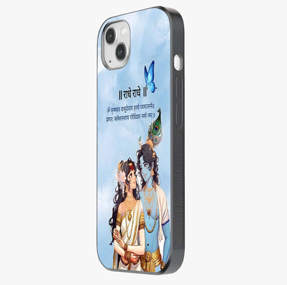 Radha Krishna Eternal Glass Case photographed in natural light showing reflective finish and design depth.