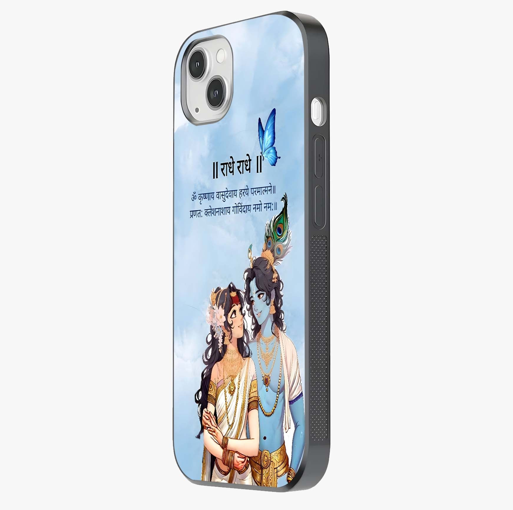 Radha Krishna Eternal Glass Case photographed in natural light showing reflective finish and design depth.