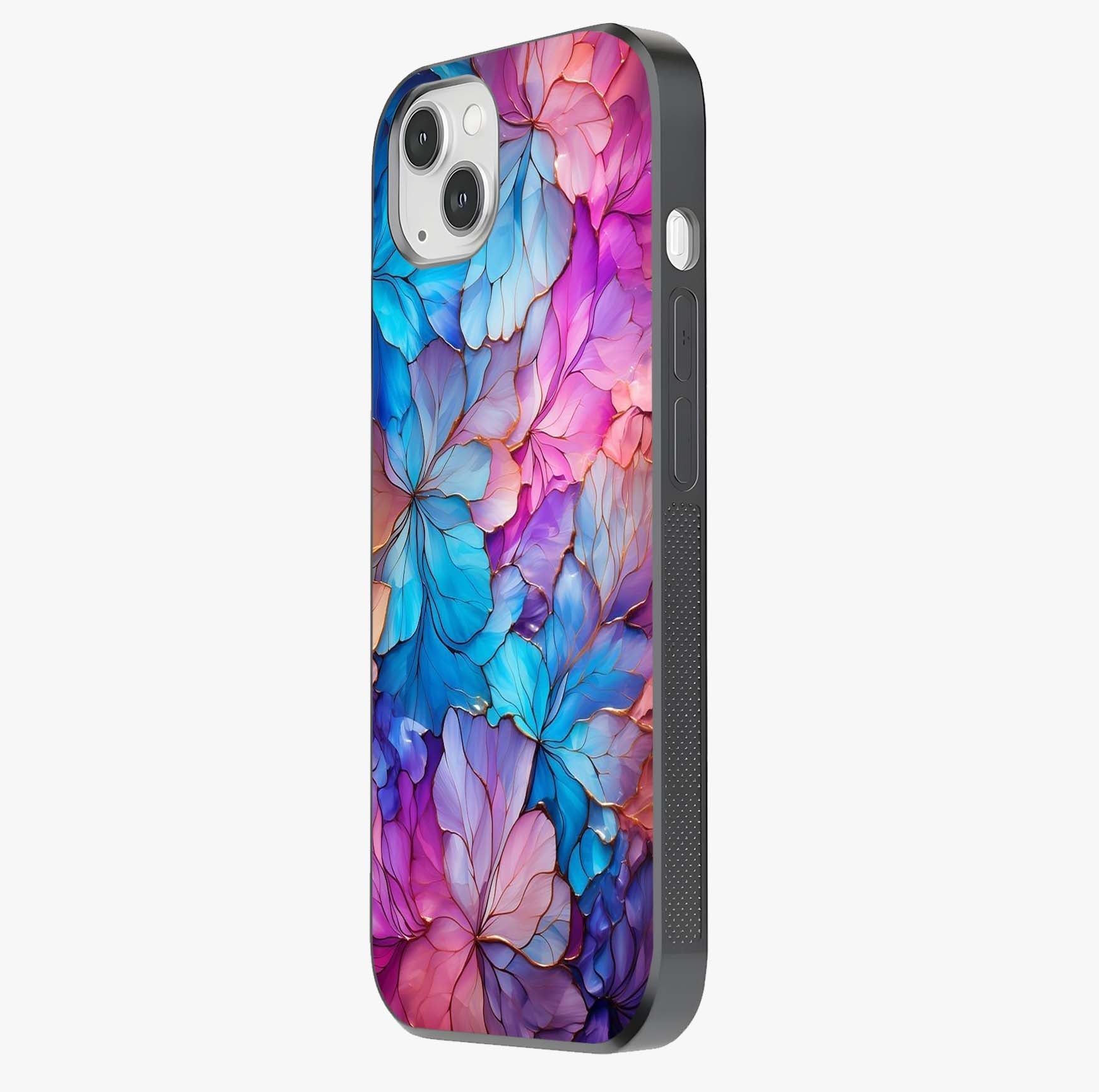 Radiant Floral Whirl Glass Case photographed in natural light showing reflective finish and design depth.