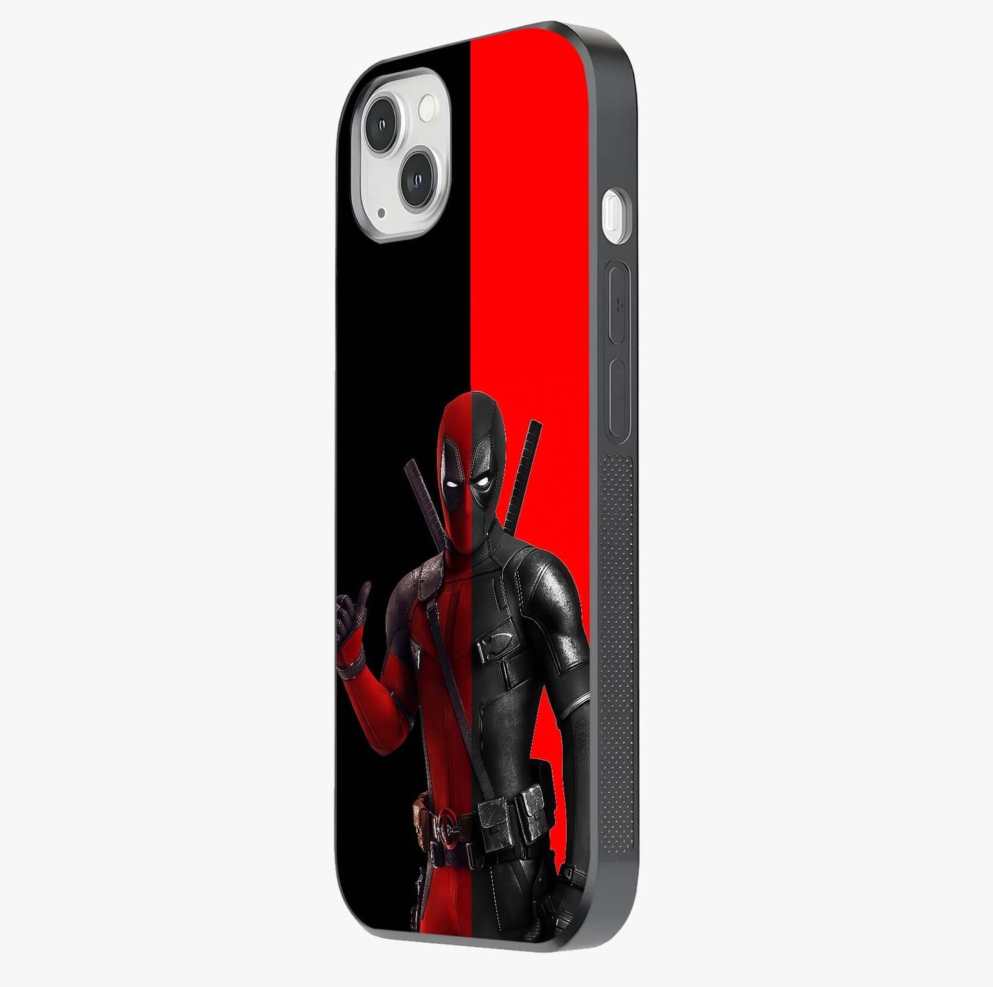 Red & Black Deadpool Theme Glass Case photographed in natural light showing reflective finish and design depth.