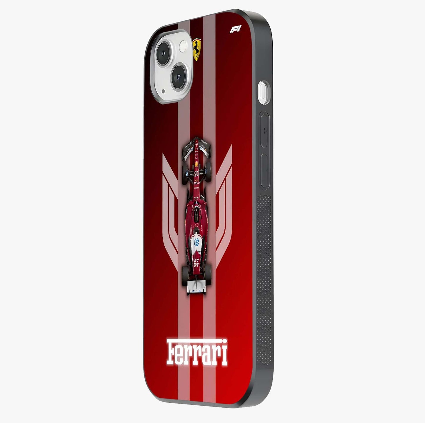 Red Ferrari F1 Vertical Glass Case photographed in natural light showing reflective finish and design depth.