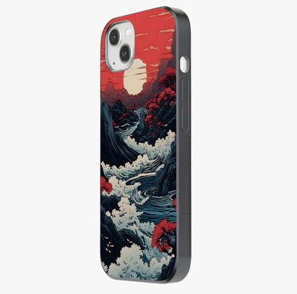 Red Sunset Scenery Glass Case photographed in natural light showing reflective finish and design depth.