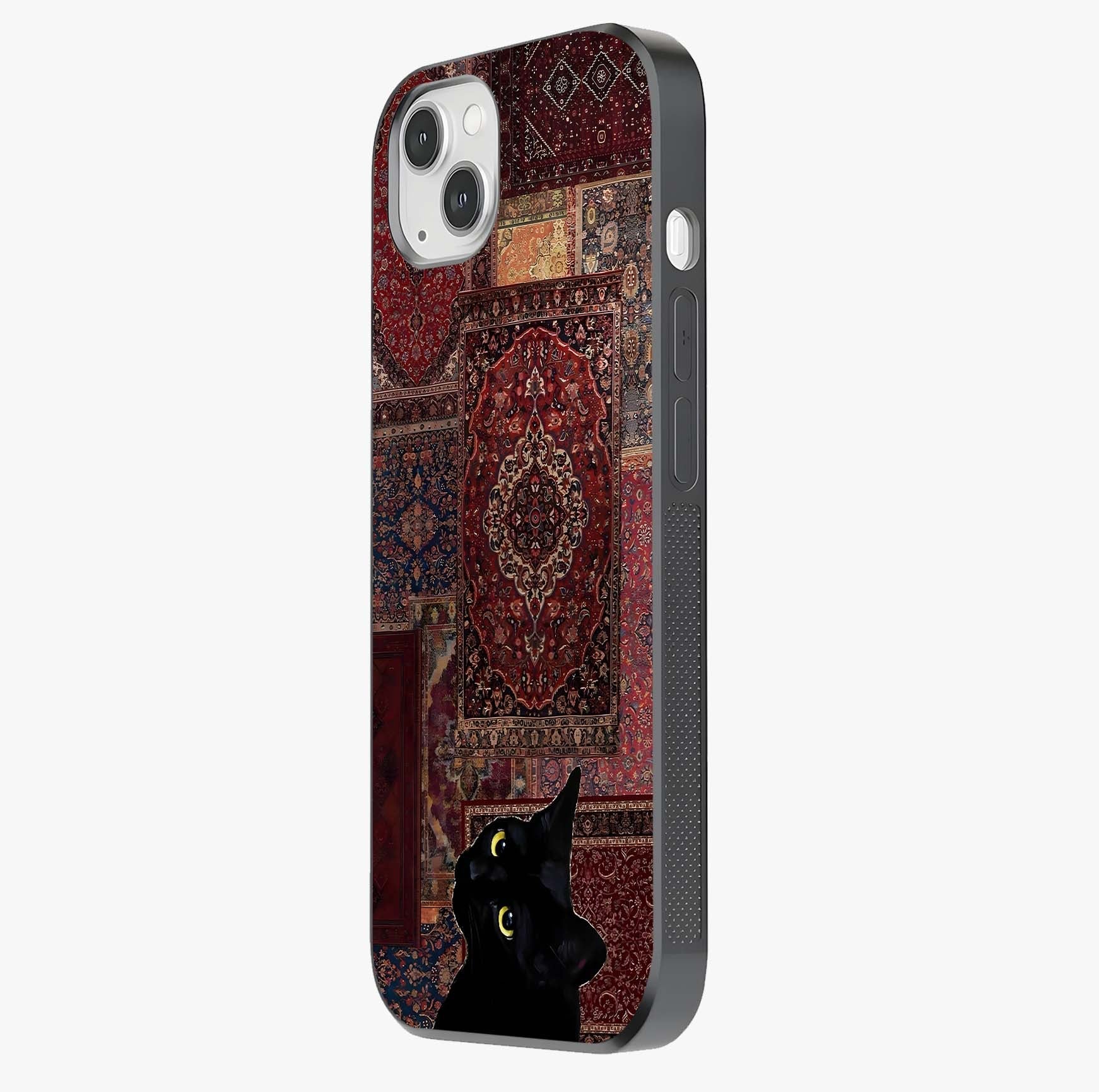 Regal Magic Cat Apple Glass Case photographed in natural light showing reflective finish and design depth.