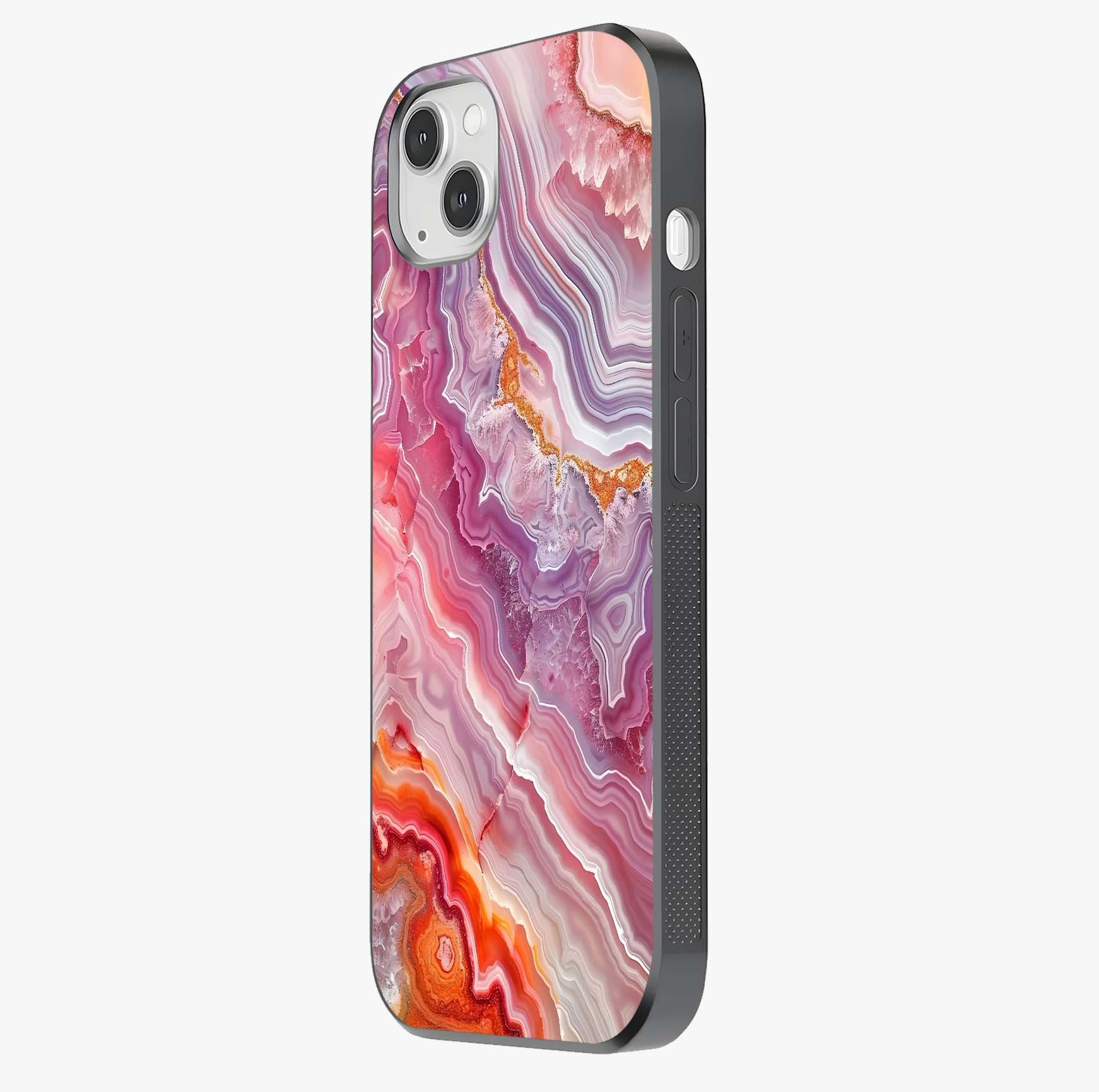Rose Quartz Marble Glass Case photographed in natural light showing reflective finish and design depth.