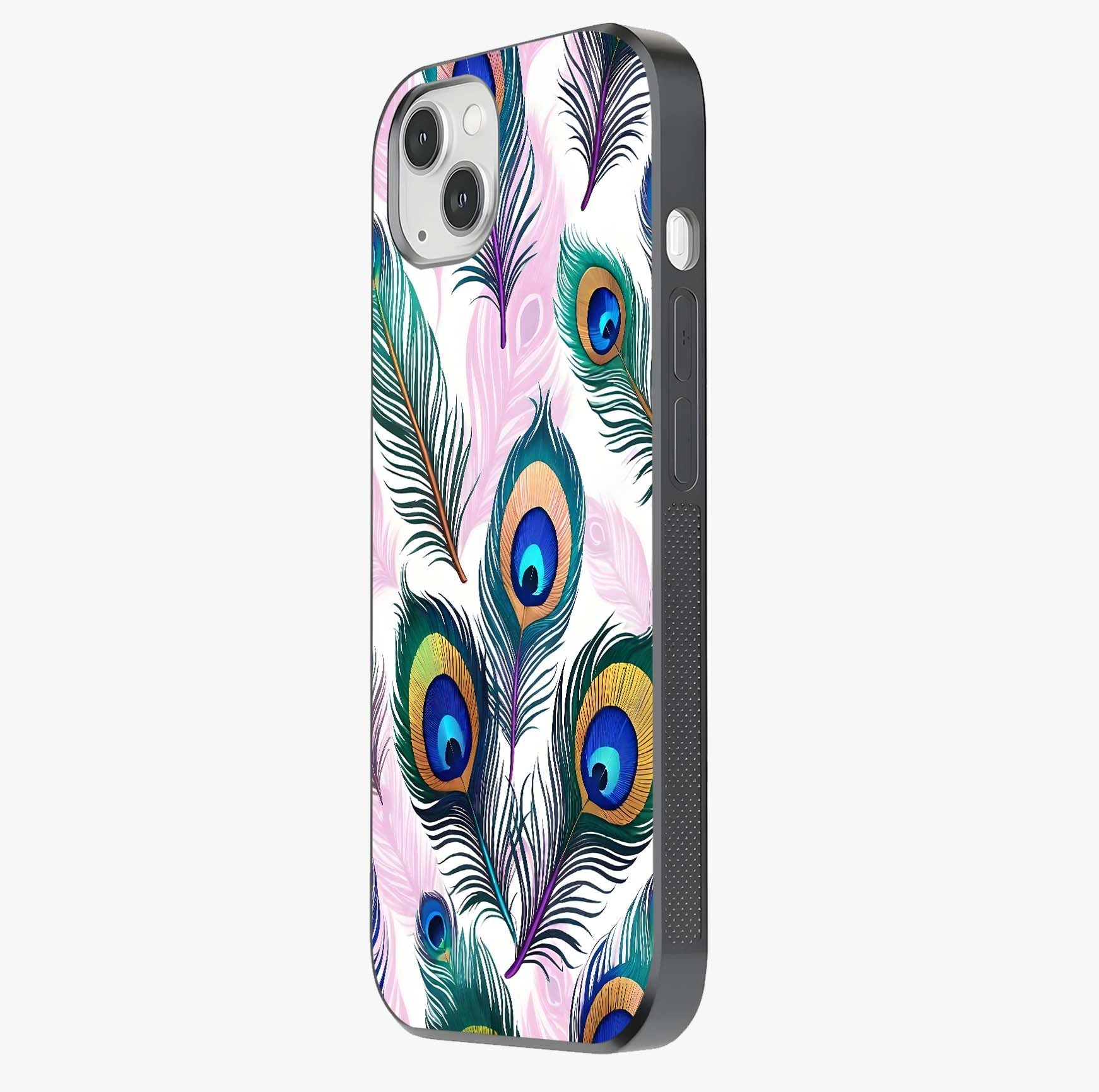Royal Peacock Feathers Glass Case photographed in natural light showing reflective finish and design depth.