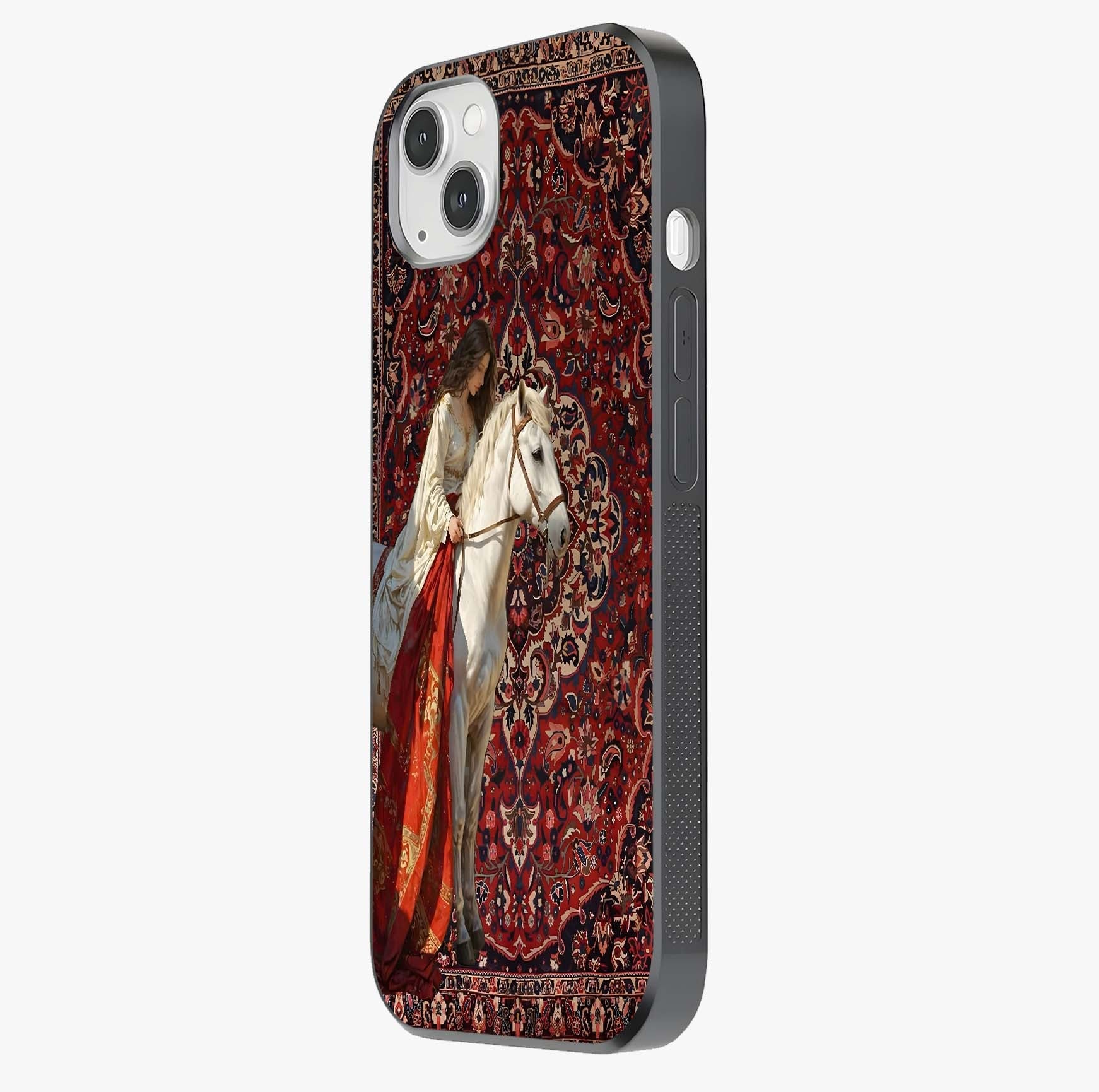 Royal Rider Tapestry Glass Case photographed in natural light showing reflective finish and design depth.
