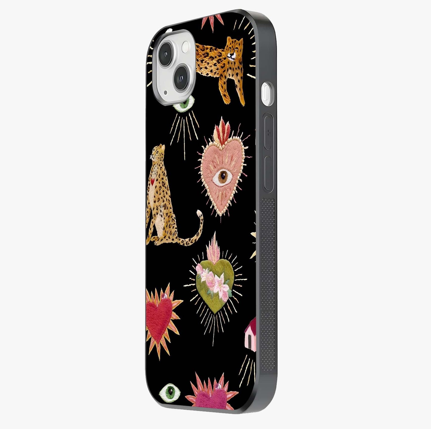 Sacred Jungle Heart Glass Case photographed in natural light showing reflective finish and design depth.