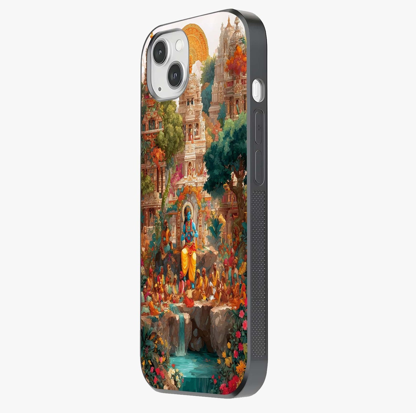 Sacred Sunlight Gods Glass Case photographed in natural light showing reflective finish and design depth.