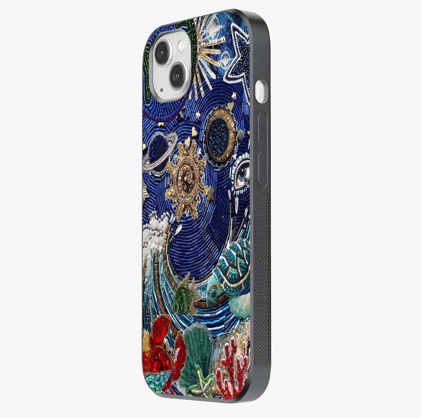 Universe Underwater Spark Glass Case photographed in natural light showing reflective finish and design depth.