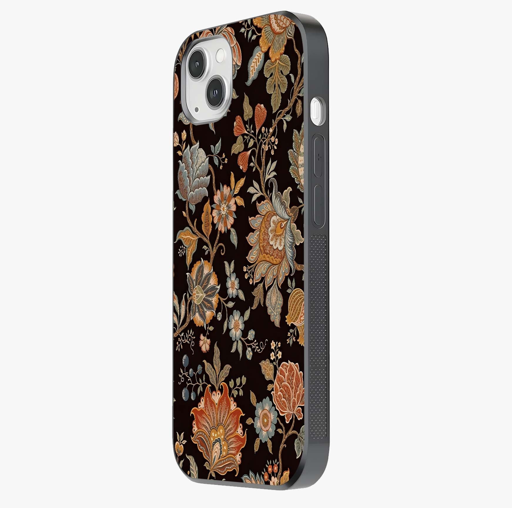 Vintage Floral Dream Glass Case photographed in natural light showing reflective finish and design depth.