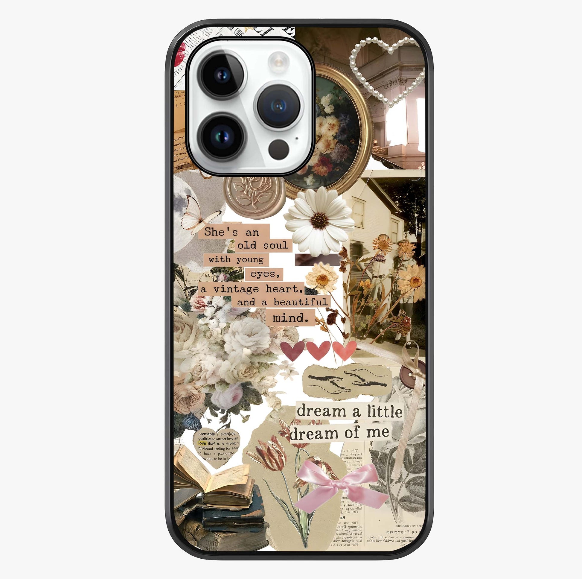 Aesthetic Brown Vintage Collage Glass Case showing full back design in clean flat view with glossy glass finish.