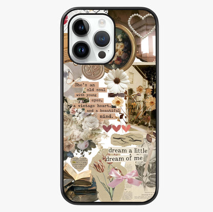 Aesthetic Brown Vintage Collage Glass Case showing full back design in clean flat view with glossy glass finish.