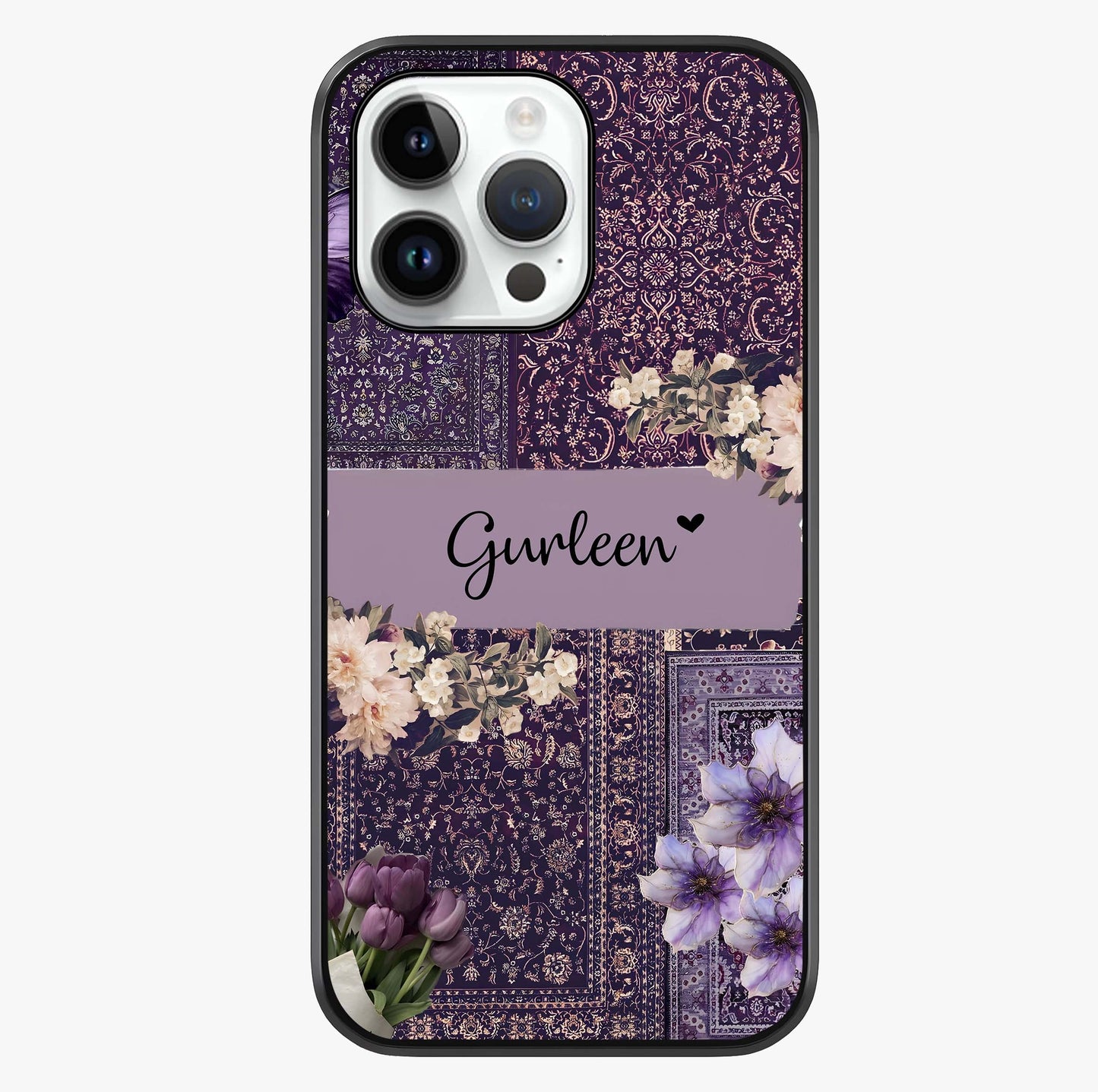Antique Floral Whisper Custom Name Glass Case showing full back design in clean flat view with glossy glass finish.