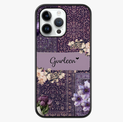 Antique Floral Whisper Custom Name Glass Case showing full back design in clean flat view with glossy glass finish.