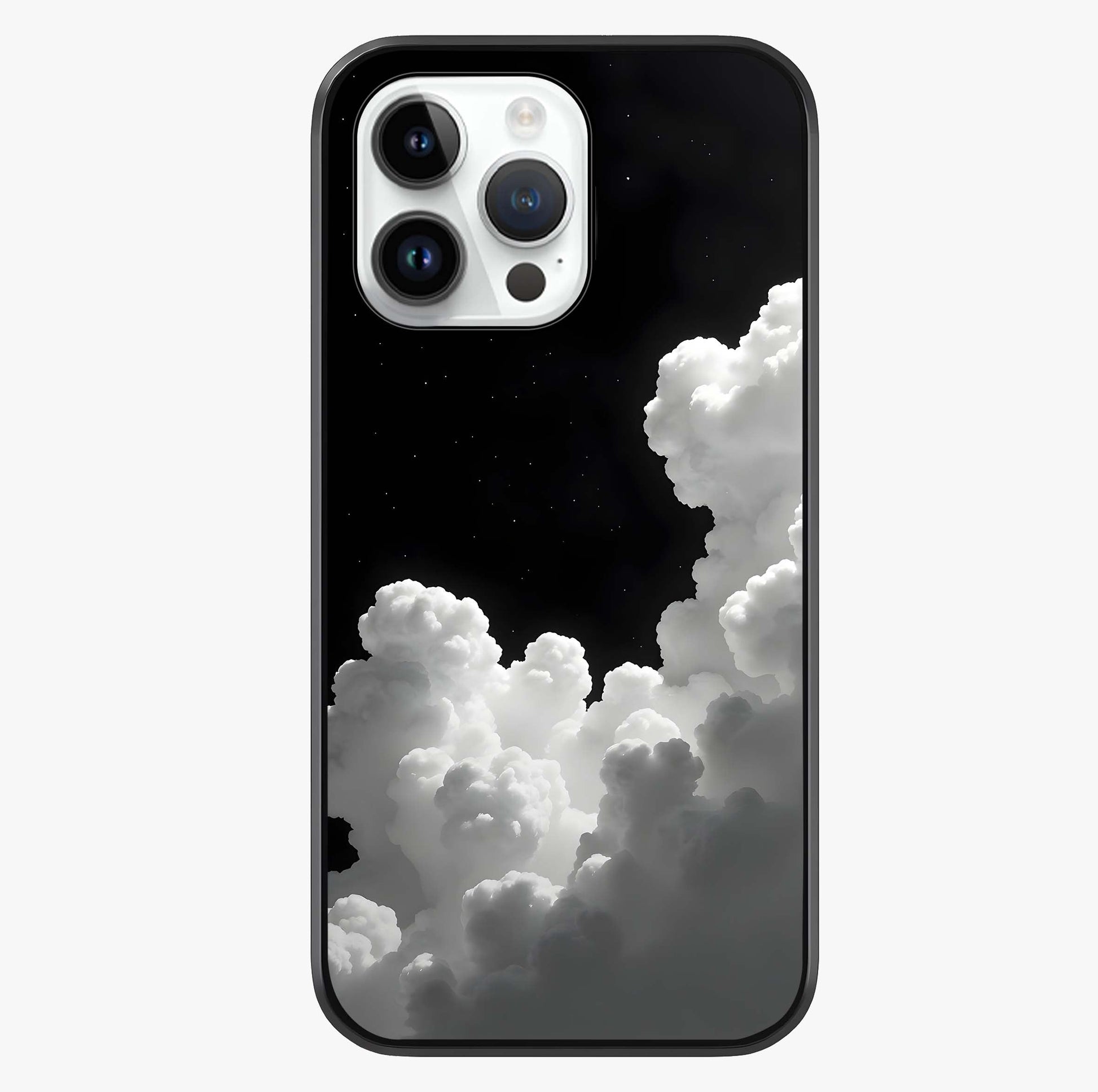 Black Background With White Cloud Glass Case showing full back design in clean flat view with glossy glass finish.