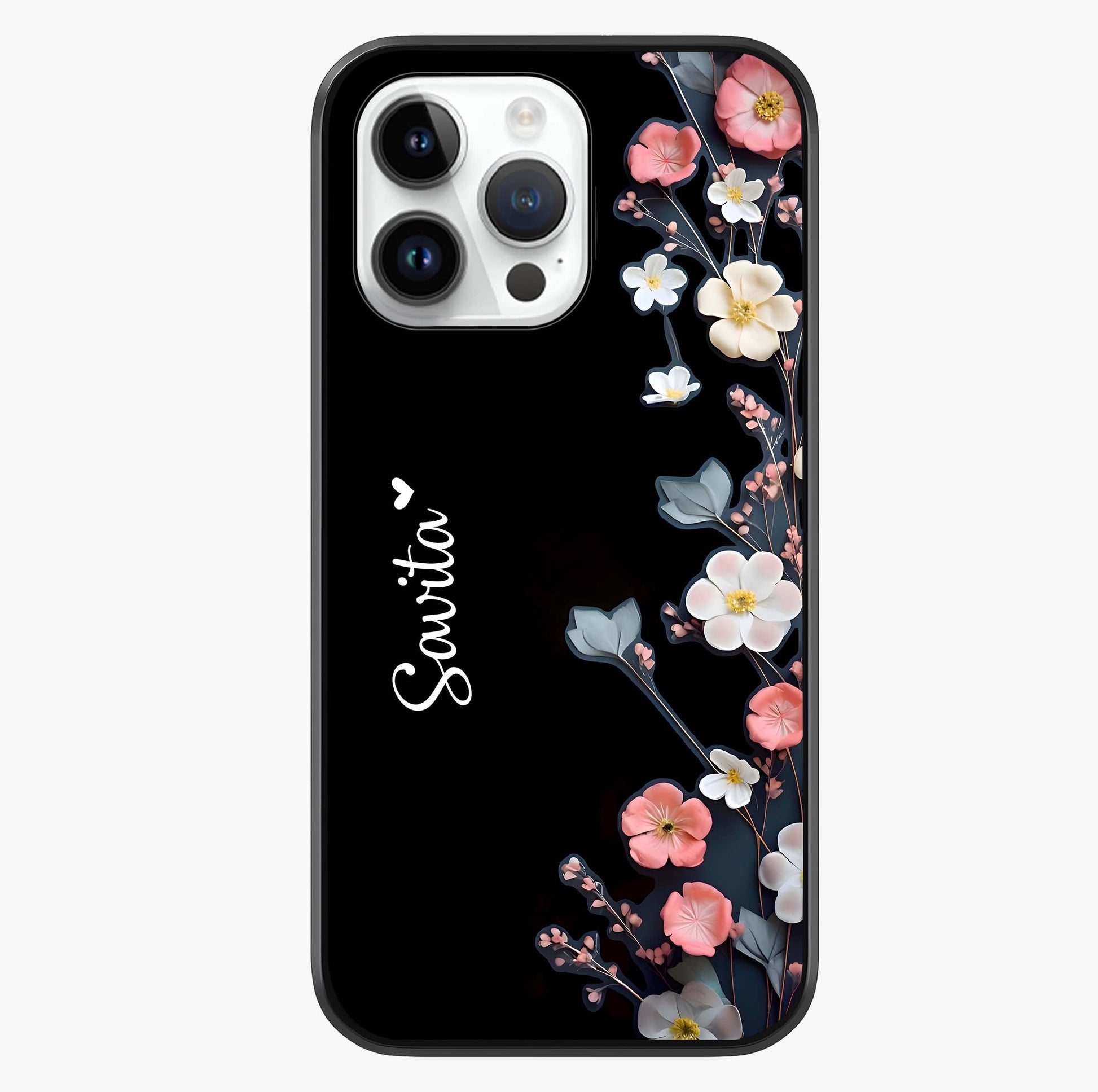 Black Elegance Floral Custom Name Glass Case showing full back design in clean flat view with glossy glass finish.