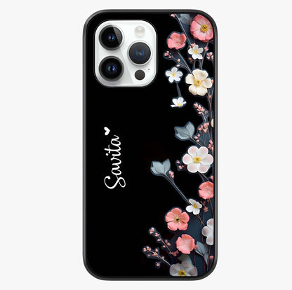 Black Elegance Floral Custom Name Glass Case showing full back design in clean flat view with glossy glass finish.